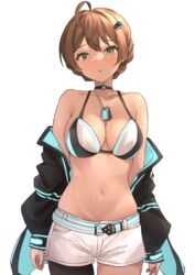  absurdres ahoge asymmetrical_legwear b1ack_illust bare_shoulders bikini bikini_top_only blush braid breasts brown_hair cleavage collarbone commentary_request commission dance_on_the_galaxy_(idolmaster) dog_tags female green_eyes highres idolmaster idolmaster_million_live! idolmaster_million_live!_theater_days jacket jacket_partially_removed large_breasts looking_at_viewer multicolored_clothes multicolored_jacket navel no_shirt off_shoulder open_clothes open_jacket pixiv_commission sakuramori_kaori shorts simple_background solo standing stomach swimsuit two-tone_jacket white_shorts 