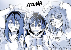  3girls absurdres azuna_(love_live!) blue!_(love_live!) blush breasts collarbone commentary english_text grin group_name hair_bun hair_ornament hair_ribbon hat highres long_hair looking_at_viewer love_live! love_live!_nijigasaki_high_school_idol_club medium_breasts medium_hair microphone monochrome multiple_girls osaka_shizuku ribbon sidelocks single_side_bun sishamon smile uehara_ayumu upper_body yuki_setsuna_(love_live!) 