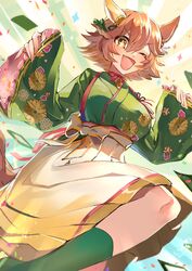  +_+ absurdres animal_ears brown_hair clover_hair_ornament confetti daruma_doll ear_covers earrings female green_kimono green_socks hair_between_eyes hair_ornament highres horse_ears horse_girl japanese_clothes jewelry kansya kimono kneehighs matikanefukukitaru_(chance_encounters_can_be_a_blessing)_(umamusume) matikanefukukitaru_(umamusume) necklace official_alternate_costume one_eye_closed short_hair single_earring smile socks solo sparkle umamusume yellow_eyes 