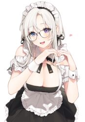  :d apron bad_id bad_pixiv_id bare_shoulders black-framed_eyewear black_ribbon breasts cleavage commentary detached_collar detached_sleeves dot_nose female forehead frilled_skirt frilled_sleeves frills glasses hair_between_eyes hair_ribbon heart heart_hands highres large_breasts leaning_forward long_hair looking_at_viewer low_twintails maid maid_apron maid_headdress open_mouth original parted_bangs purple_eyes ribbon simple_background skirt smile solo symbol-only_commentary twintails upper_body white_apron white_background white_hair wrist_cuffs yeije 