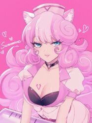  animal_ears black_bra blue_eyes bra breasts character_name cleavage female heart highres large_breasts long_hair looking_at_viewer mel6969 multicolored_hair open_clothes open_shirt pink_background pink_hair show_by_rock!! solo squirrel_ears squirrel_girl sumomone_(show_by_rock!!) tongue tongue_out underwear wavy_hair 