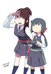  2girls blue_hair bow breasts brown_hair constanze_amalie_von_braunschbank-albrechtsberger dress green_eyes hairbow kagari_atsuko little_witch_academia long_hair luna_nova_school_uniform multiple_girls open_mouth ponytail red_eyes school_uniform simple_background thick_eyebrows tsukudani_(coke-buta) white_background 