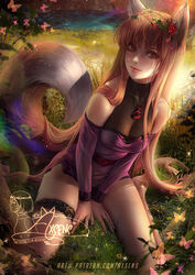  animal_ears axsen bangs banned_artist bare_legs between_legs breasts brown_hair bug butterfly cleavage closed_mouth dress female flower hair_between_eyes hair_flower hair_ornament hair_over_shoulder hand_between_legs head_wreath highres holo long_hair long_sleeves medium_breasts off-shoulder_dress off_shoulder purple_dress red_eyes red_flower short_dress signature sitting smile solo spice_and_wolf sunlight tail very_long_hair wariza watermark wolf_ears wolf_tail 