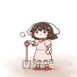  :3 animal_ears black_hair blush carrot carrot_necklace chibi dress female full_body inaba_tewi jewelry medium_hair necklace pink_dress poronegi puff_of_air rabbit_ears rabbit_tail red_footwear shoes short_sleeves shovel socks solo standing tail touhou white_background white_socks 