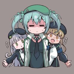  3girls =_= al_bidda_(mist_train_girls) aqua_hair beret black_headwear black_necktie breasts closed_eyes es_(eisis) green_eyes green_headwear grey_background grey_hair hat highres jacket large_breasts long_hair long_sleeves medium_breasts mist_train_girls monte_carlo_(mist_train_girls) multiple_girls necktie notice_lines open_mouth parted_lips shaded_face shirt short_twintails simple_background sweat twintails udon_thani_(mist_train_girls) 