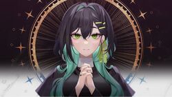  bad_id bad_twitter_id black_dress black_hair black_nails breasts colored_inner_hair dress female green_eyes green_hair hair_behind_ear highres indie_virtual_youtuber medium_breasts mira_(cevio) multicolored_hair own_hands_clasped own_hands_together parted_lips portrait saki.exe smile solo virtual_youtuber yoru_(yowuyoru) 