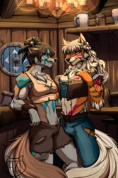  2:3 anthro arcanine axe azaleesh biceps black_hair blep bodypaint bottomwear breast_squish breasts canid canine chair chandelier clothed clothing container crop_top cup duo fangs felling_axe female furniture generation_1_pokemon grin hair hi_res inside looking_at_viewer magnus_(cyrion100) mammal melee_weapon muscular muscular_female nintendo pokemon pokemon_(species) ragna_flamedottir rape_face shield shirt shorts smile squish table teeth tongue tongue_out topwear torn_clothing vest viking weapon white_eyes white_hair yellow_eyes 