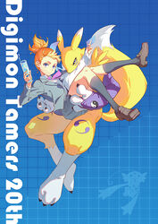  2girls animal_ears animal_nose anniversary black_sclera black_socks blue_background blue_eyes body_fur brown_footwear carrying claws closed_mouth collared_shirt colored_sclera commentary_request copyright_name cup digignome digimon digimon_(creature) digimon_tamers drinking_glass elbow_gloves facial_mark fingerless_gloves floating_neckwear formal fox_ears fox_tail full_body furry furry_female gloves grey_jacket grey_skirt hands_up holding holding_cup jacket kariki_hajime kneehighs loafers long_sleeves looking_at_viewer makino_ruki multiple_girls neck_fur necktie open_clothes open_jacket orange_hair patterned_background pleated_skirt ponytail princess_carry print_gloves purple_eyes purple_gloves purple_necktie renamon shirt shoes short_hair skirt smile snout socks spilling tail tail_raised two-tone_fur white_fur white_shirt yellow_fur yin_yang yin_yang_print 