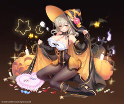  absurdres bare_shoulders bat_(animal) bat_ornament black_background black_footwear blush boots breasts brown_background brown_pantyhose candle candy cleavage copyright_name detached_collar detached_sleeves female flower food frills full_body ghost gradient_background hair_between_eyes hair_ornament hairclip half-closed_eyes halloween halloween_costume hat hat_flower hat_ornament hat_ribbon heart heart-shaped_pillow high_heel_boots high_heels highres jack-o&#039;-lantern jewelry kneeling kyjsogom lace_trim large_breasts lee_nabi light_brown_hair looking_at_viewer medium_hair mole mole_on_breast necklace official_art orange_ribbon pantyhose parted_lips petals pillow ribbon ringlets simple_background smile solo soulworker star_(symbol) two-tone_background watermark witch yellow_eyes 