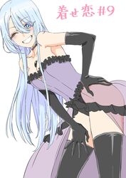  bare_shoulders black_choker black_gemstone black_gloves black_lobelia black_lobelia_(cosplay) black_thighhighs blue_eyes blue_hair breasts choker cleavage copyright_name cosplay elbow_gloves episode_number female frills gem gloves grin hand_on_own_hip hand_on_own_thigh highleg highleg_leotard highres kitagawa_marin leotard long_hair official_art one_eye_closed see-through smile sono_bisque_doll_wa_koi_wo_suru tamura_satomi thighhighs translated 