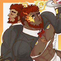  2boys :p abs back-to-back bara bare_pectorals beard blush bulge_peek dark-skinned_male dark_skin envysoda eyebrow_cut facial_hair flaming_eye from_above hephaestus_(housamo) holding holding_tray jitome large_pectorals looking_at_viewer male_focus mature_male multiple_boys muscular muscular_male mustache_stubble navel nipples official_alternate_costume pectorals red_eyes scar scar_on_chest short_hair shrug_(clothing) stomach stubble talos_(housamo) thick_eyebrows tokyo_afterschool_summoners tongue tongue_out tray upper_body very_dark_skin 