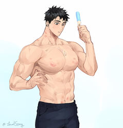  1boy abs bara black_hair black_pants food food_on_body food_on_pectorals holding holding_food korean_commentary large_pectorals male_focus muscular muscular_male navel nipples original pants parted_lips pectorals popsicle short_hair solo ssong-ga sweat topless_male twitter_username 