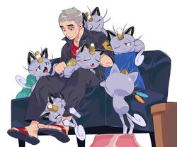  1boy alolan_meowth black_jacket black_pants brushing commentary couch footstool green_(grimy) grey_hair hair_brush half-closed_eyes head_down highres holding holding_pokemon jacket male_focus nanu_(pokemon) pants pokemon pokemon_(creature) pokemon_sm red_eyes red_shirt sandals shirt short_sleeves sitting toes 