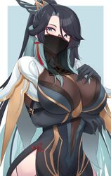  absurdres black_hair black_veil blue_background blue_eyes blue_hair border breasts capelet cloud_retainer_(genshin_impact) earrings female genshin_impact glasses gloves hair_ornament hand_on_own_chest highres jewelry kanta_(kanta_077) large_breasts leotard long_hair long_sleeves looking_at_viewer mouth_veil multicolored_hair parted_bangs semi-rimless_eyewear shoulder_cape side_slit solo tassel tassel_earrings two-tone_hair veil very_long_hair white_border xianyun_(genshin_impact) 