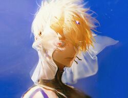  1boy :| arabian_clothes arm_tattoo au_(d_elete) blonde_hair blue_background closed_mouth colored_eyelashes earrings expressionless eyelashes fate/grand_order fate_(series) gilgamesh_(caster)_(fate) gilgamesh_(fate) jewelry looking_at_viewer looking_to_the_side male_focus portrait red_eyes short_hair signature solo tattoo thick_eyelashes twitter_username 