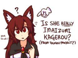  ? animal_ear_fluff animal_ears brooch character_name copyright_name english_text female fingernails flying_sweatdrops head_tilt how_to imaizumi_kagerou jewelry long_hair parted_lips pointing pointing_at_self red_eyes red_hair red_nails simple_background solo touhou white_background wolf_ears wool_(miwol) 