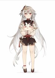  aged_down animal ankleband bird black_nails brown_footwear chicken chinese_clothes chinese_commentary commentary_request female fu_hua fu_hua_(herrscher_of_sentience) full_body grey_hair hair_between_eyes hair_ornament highres holding holding_animal honkai_(series) honkai_impact_3rd jingwei_(bird) lizi_(st3648) long_hair long_sleeves looking_at_viewer multicolored_hair pout red_eyes shoes short_sleeves simple_background solo standing streaked_hair v-shaped_eyebrows white_background 