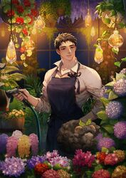  1boy animal anthurium apron bara black_apron black_hair black_sheep blue_flower clover collared_shirt commentary_request daisy florist flower flower_pot flower_request flower_shop gardening geranium half-closed_eyes hanging_light hanging_plant highres holding holding_hose hose hyacinth hydrangea indoors korean_commentary lamp large_pectorals light light_bulb light_smile looking_to_the_side male_focus muscular muscular_male night original parted_lips pectorals pink_flower plant potted_plant purple_flower red_flower rope sheep shirt shop short_hair sleeping_animal sleeves_rolled_up solo sparkle ssong-ga teeth upper_teeth_only white_flower white_shirt window wisteria yellow_flower 