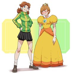  2girls absurdres bike_shorts blue_eyes blush brown_hair closed_eyes commentary cosplay costume_switch crossover crown dress earrings english_commentary flower_earrings francisco_mon gloves green_jacket grin highres jacket jewelry light_brown_hair long_dress long_hair mario_(series) multiple_girls persona persona_4 pleated_skirt princess_daisy princess_daisy_(cosplay) satonaka_chie satonaka_chie_(cosplay) shoes short_hair skirt smile socks sweatdrop white_gloves yellow_dress 