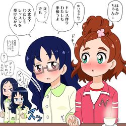  4girls bedroom blue_eyes blue_hair brown_hair commentary_request cup dokidoki!_precure glasses go!_princess_precure green_eyes haruno_haruka heartcatch_precure! hishikawa_rikka kurumi_erika multiple_girls nanase_yui nann_tou precure steam teacup translated white_background yuri 