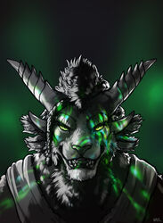  4_ears anthro asideasea bust_portrait charr clothed clothing digital_media_(artwork) felid feline front_view fur guild_wars hair hi_res horn looking_at_viewer male mammal multi_ear portrait simple_background smile solo tuft vateo 