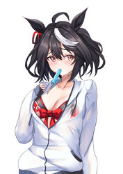  absurdres ahoge alternate_costume animal_ears bikini black_hair blush bob_cut breasts cleavage ear_ribbon female food food_in_mouth highres horse_ears horse_girl kitasan_black_(umamusume) looking_at_viewer medium_breasts multicolored_hair popsicle popsicle_in_mouth red_bikini red_eyes red_ribbon ribbon see-through setu_(shining12) short_hair simple_background solo streaked_hair sweater swimsuit two-tone_hair umamusume upper_body white_background white_hair white_sweater 