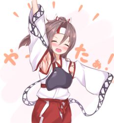  armpits arms_up brown_hair closed_eyes commentary_request cowboy_shot detached_collar detached_sleeves female hachimaki hakama hakama_shorts headband high_ponytail highres japanese_clothes k_knakomochi008 kancolle_arcade kantai_collection long_hair muneate shorts simple_background smile solo white_background zuihou_(kancolle) 