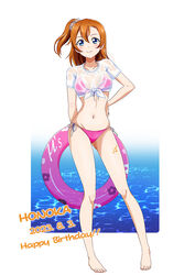  arm_behind_back bare_legs barefoot bikini bikini_under_clothes blue_eyes border breasts character_name closed_mouth contrapposto dated fading_border female full_body gx9900wing hair_between_eyes hair_ornament hair_scrunchie halterneck hand_on_own_hip happy_birthday high_side_ponytail holding holding_swim_ring innertube kosaka_honoka long_hair looking_at_viewer love_live! love_live!_school_idol_project medium_breasts navel no_pants one_side_up orange_hair outside_border pink_bikini pink_innertube scrunchie see-through see-through_shirt shirt side-tie_bikini_bottom smile solo standing stomach string_bikini swim_ring swimsuit t-shirt tied_shirt water wet wet_clothes wet_shirt white_background 