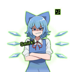  &gt;:) blouse blue_dress blue_eyes blue_hair blue_ribbon bow breasts cirno dress dress_shirt english_text female gameplay_mechanics hairbow highres ice ice_wings mata_(matasoup) pinafore_dress puffy_short_sleeves puffy_sleeves red_bow red_ribbon ribbon shin_megami_tensei shin_megami_tensei_iv shirt short_hair short_sleeves simple_background sleeveless sleeveless_dress slit_pupils small_breasts smirk touhou v-shaped_eyebrows white_background white_shirt wing_collar wings 