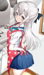  absurdres apron arms_behind_back blue_skirt bow female from_behind grey_eyes hairbow hamaken._(novelize) highres indoors kitchen long_hair looking_back original red_apron ribbon school_uniform serafuku shirt short_sleeves skirt solo tying_apron white_hair white_shirt 