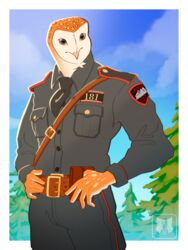  3:4 absurd_res anthro avian barn_owl beak belt belt_buckle bird black_necktie brown_body brown_eyes brown_feathers buckle clothed clothing detailed_background feathers fully_clothed hi_res kathai male markings necktie owl police police_uniform rhode_island_police solo spots spotted_body spotted_feathers tyto tytonid uniform unnamed_character white_face 