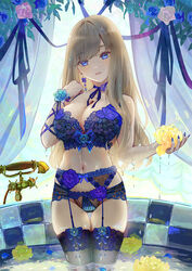  animification blue_eyes blue_nails breasts cleavage earrings female garter_belt highres ito_lab jewelry lace-trimmed_legwear lace_trim large_breasts light_brown_hair lingerie navel parted_lips real_life ruri_(model) skindentation solo thick_thighs thighhighs thighs underwear wading 