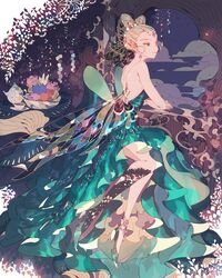  backless_dress backless_outfit bad_id bad_pixiv_id bare_shoulders blonde_hair cloud double_bun dress female green_dress hair_bun highres iridescent lemming_no_suana long_dress original wings 