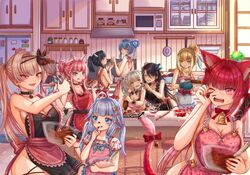  6+girls absurdres amano_nene_(vtuber) angrycomputer_studio apron aruru_gray black_hair blue_eyes blue_hair bowl braid breasts charlotte_suzu chocolate collarbone commission crown_braid english_commentary everyone flat_chest fox_mask grey_hair hair_bun hair_ribbon highres holding holding_bowl isla_coleman large_breasts lua_asuka makurano_neena mask mask_on_head medium_breasts multiple_girls naked_apron namiji_freesia pink_apron pink_eyes ponytail production_kawaii protected_link red_hair refrigerator reina_sun_(vtuber) ribbon second-party_source shee_icho single_hair_bun smile twintails v-shaped_eyebrows virtual_youtuber white_ribbon yellow_eyes 