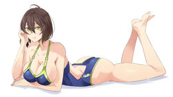  ahoge ass azur_lane baltimore_(azur_lane) bare_legs barefoot blue_one-piece_swimsuit braid breast_rest breasts brown_hair cleavage collarbone competition_swimsuit female french_braid green_one-piece_swimsuit hair_between_eyes ishizu_kayu large_breasts looking_at_viewer lying on_stomach one-piece_swimsuit simple_background solo swimsuit the_pose two-tone_swimsuit white_background yellow_eyes 