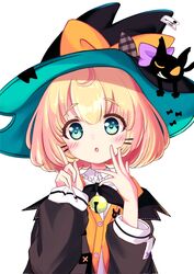  aqua_eyes bell black_bow black_hat black_jacket blonde_hair bow feline female hat hat_bow highres jacket lucie_(millie_parfait) matsuro_meru_(artist) millie_parfait neck_bell nijisanji nijisanji_en off_shoulder open_hand orange_bow orange_sweater pointing pointing_up portrait purple_bow short_hair solo sweater virtual_youtuber white_background witch_hat 