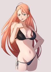  absurdres aida_rayhunton bikini black_bikini blue_eyes breasts commentary_request commission cropped_legs female floral_print green_eyes grey_background gundam gundam_g_no_reconguista hand_on_own_hip highres large_breasts long_hair looking_to_the_side nishizuki_shino orange_hair side-tie_bikini_bottom simple_background solo swimsuit tongue tongue_out 