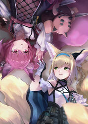  2girls absurdres animal_ear_fluff animal_ears arknights bare_shoulders black_dress blonde_hair blue_hairband braid braided_hair_rings breasts collarbone collared_shirt commentary_request covered_collarbone dress dress_shirt e-bushi fox_ears fox_girl fox_tail gloves green_eyes hair_rings hairband highres infection_monitor_(arknights) kitsune knife long_sleeves lying material_growth morte_(arknights) multicolored_hair multiple_girls navel on_back oripathy_lesion_(arknights) parted_lips puffy_long_sleeves puffy_sleeves purple_eyes purple_hair shamare_(arknights) shirt small_breasts stuffed_animal stuffed_dog stuffed_toy suzuran_(arknights) tail teeth twin_braids twintails two-tone_hair upper_teeth_only white_gloves white_hair white_shirt 