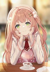  absurdres ahoge aka_(440626) blurry blurry_background blush coffee collared_shirt female green_eyes hair_bobbles hair_ornament hairclip hat head_rest head_tilt highres honma_himawari honma_himawari_(11th_costume) light_brown_hair long_hair long_sleeves looking_at_viewer necktie nijisanji red_necktie shirt short_necktie solo twintails upper_body very_long_hair virtual_youtuber white_hat white_shirt wing_collar 