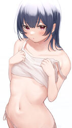  blue_hair blush breasts clothes_lift collarbone female highres idolmaster idolmaster_shiny_colors kijibato_123-gou long_hair looking_at_viewer morino_rinze navel off_shoulder panties red_eyes shirt shirt_lift side-tie_panties simple_background sleeveless sleeveless_shirt small_breasts solo stomach underwear white_background 