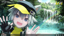  :d animal_ears arknights baseball_cap black_gloves black_hat black_jacket blue_eyes click_(arknights) commentary company_name copyright_name ears_through_headwear english_commentary fake_screenshot female gloves grey_hair hair_between_eyes hands_up hat highres jacket looking_at_viewer mouse_ears official_art official_wallpaper open_mouth outdoors plant portrait rainbow shirt short_hair single_glove smile solo syuri22 water waterfall watermark yellow_shirt 