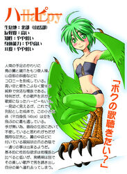  animal_humanoid avian avian_feet avian_humanoid bandeau blush breasts clothed clothing english_text european_mythology feathered_wings feathers feet female greek_mythology green_body green_eyes green_feathers green_hair hair harpy harpy_humanoid humanoid japanese_text light_body light_skin monster_girl_(genre) monster_girl_profile mythological_avian mythological_creature mythology okayado realistic_wings scutes skimpy small_breasts solo talons text toes topwear wings 