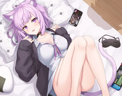  :p absurdres animal_ears bed blush bottomless breasts cameo cat_ears cat_girl cat_tail cellphone cellphone_photo cleavage collar female food game_console highres hololive inugami_korone jacket lying nekomata_okayu nekomata_okayu_(oversized_shirt) night_delivery nintendo_switch official_alternate_costume on_back on_bed onigiri open_clothes phone pillow purple_eyes purple_hair setsurimu_(pro_viden) sleep_mask slit_pupils tail tongue tongue_out virtual_youtuber 