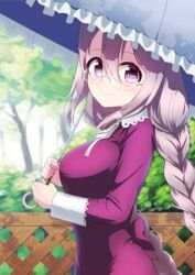  absurdres anne_happy blush braid cereal_(cerealoekaki) cowboy_shot day dress female fence glasses hair_between_eyes highres holding holding_umbrella kumegawa_botan long_hair looking_at_viewer outdoors parasol purple_eyes smile tree umbrella 