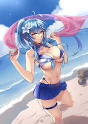  ahoge bare_shoulders beach bikini bikini_skirt blue_hair blue_nails blue_skirt blue_sky breasts cleavage closed_mouth cloud collarbone colored_tips commentary cowboy_shot day detached_collar elf female flower groin hair_between_eyes hair_flower hair_ornament heart heart_ahoge highleg highleg_bikini highres holding_shawl hololive large_breasts lens_flare long_hair looking_at_viewer mibry_(phrysm) miniskirt multicolored_hair nail_polish navel o-ring o-ring_bikini ocean outdoors pleated_skirt pointy_ears ponytail rock see-through see-through_shawl shadow shawl sidelocks skindentation skirt sky smile solo standing standing_on_one_leg stomach streaked_hair swimsuit thigh_strap underboob very_long_hair virtual_youtuber w_arms white_bikini yellow_eyes yukihana_lamy 