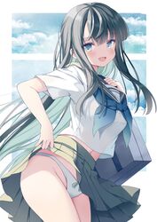  :d absurdres ass bag black_hair blue_eyes blue_sky clothes_lift colored_inner_hair female green_hair green_sailor_collar green_skirt highres hoshino_koucha long_hair looking_at_viewer multicolored_hair navel non-web_source open_mouth original panties sailor_collar school_bag school_uniform see-through see-through_shirt serafuku shirt skirt skirt_lift sky smile solo thighs two-tone_hair underwear very_long_hair white_panties 