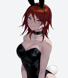  animal_ears arms_at_sides bad_id bad_twitter_id bare_arms bare_shoulders black_choker black_leotard breasts choker cleavage collarbone commentary dongho_kang fake_animal_ears female grey_background heart heart_choker highres large_breasts leotard light_smile long_hair looking_at_viewer looking_back medium_hair original pink_eyes playboy_bunny purple_eyes rabbit_ears rabbit_tail red_hair simple_background skindentation smile solo symbol-only_commentary tail white_background 