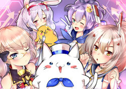  &gt;_&lt; 4girls animal_ears ayanami_(azur_lane) azur_lane bare_shoulders black_bow black_choker blue_bow blue_eyes blue_hoodie blue_sailor_collar bow cat_ears choker crop_top crown fake_animal_ears glasses gloves green_eyes hair_between_eyes hairband headgear high_ponytail highres himura_moritaka hood hoodie javelin_(azur_lane) laffey_(azur_lane) light_brown_hair light_purple_hair looking_at_viewer manjuu_(azur_lane) medium_hair meowfficer_(azur_lane) mini_crown multiple_girls neckerchief official_alternate_costume one_eye_closed open_mouth pink_eyes pink_hairband purple_hair rabbit_ears sailor_collar twintails v white_gloves yellow_eyes yellow_neckerchief z23_(azur_lane) z23_(philosophy_sensei)_(azur_lane) 