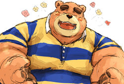  2020 animal_crossing anthro bear blush brown_body brown_fur closed_eyes clothing fur hi_res humanoid_hands kemono kotobuki male mammal nintendo overweight overweight_anthro overweight_male shirt simple_background solo teddy_(animal_crossing) topwear white_background 