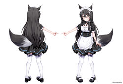  absurdres alternate_costume animal_ears apron black_dress black_footwear black_hair blush breasts brown_eyes chrisandita closed_mouth commentary dress enmaided facing_away female fox_ears fox_girl fox_shadow_puppet fox_tail frilled_apron frilled_legwear frills hair_between_eyes highres long_hair looking_at_viewer maid maid_headdress mary_janes multiple_views original outstretched_arm pleated_dress shoes short_sleeves simple_background small_breasts smile tail thighhighs turnaround twitter_username very_long_hair waist_apron white_apron white_background white_legwear 